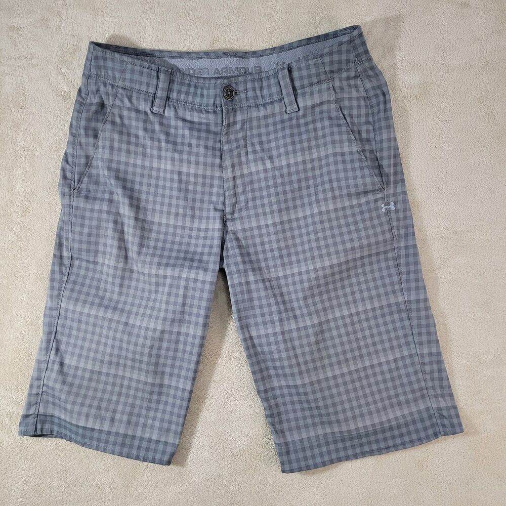 MEN‎ Under Armour Logo Gingham Gray Check Golf Polyester Shorts Stretchy Sz 32